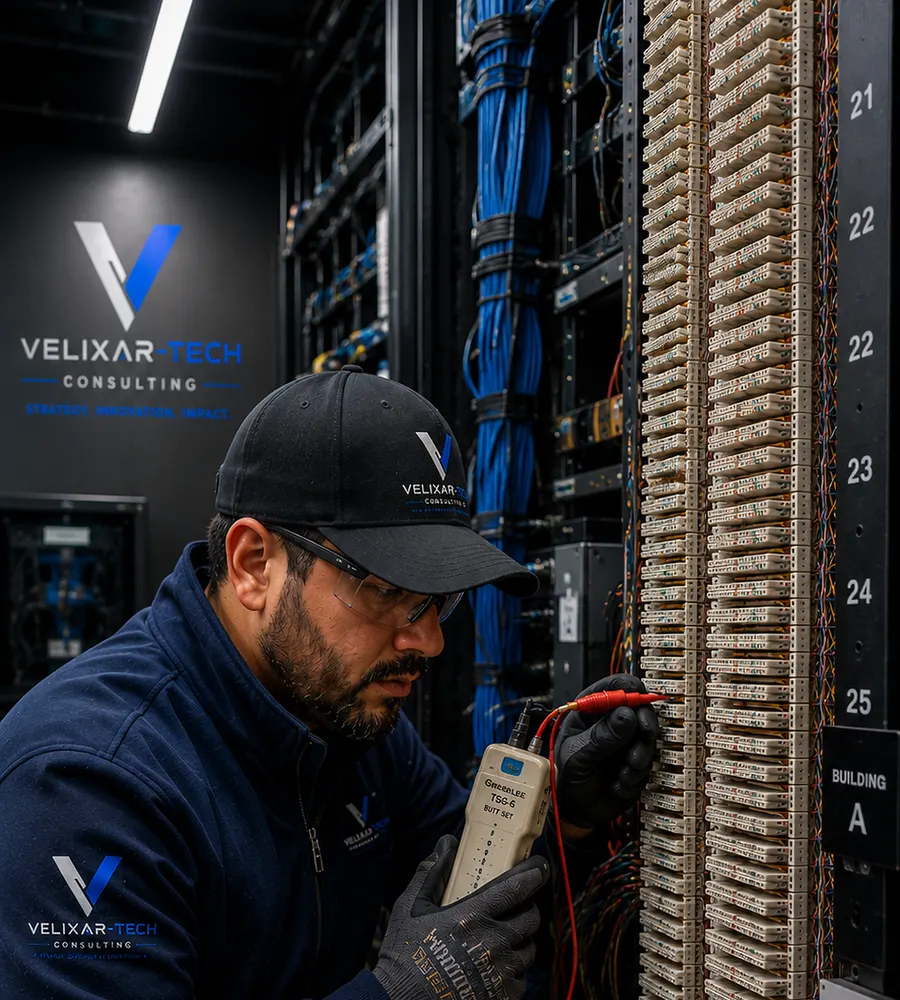Technician terminating a 66-block structured cabling panel