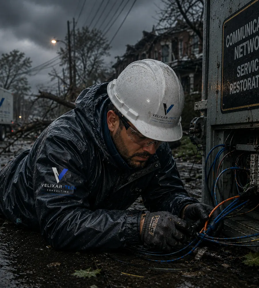 Technician restoring a communications network box in storm conditions