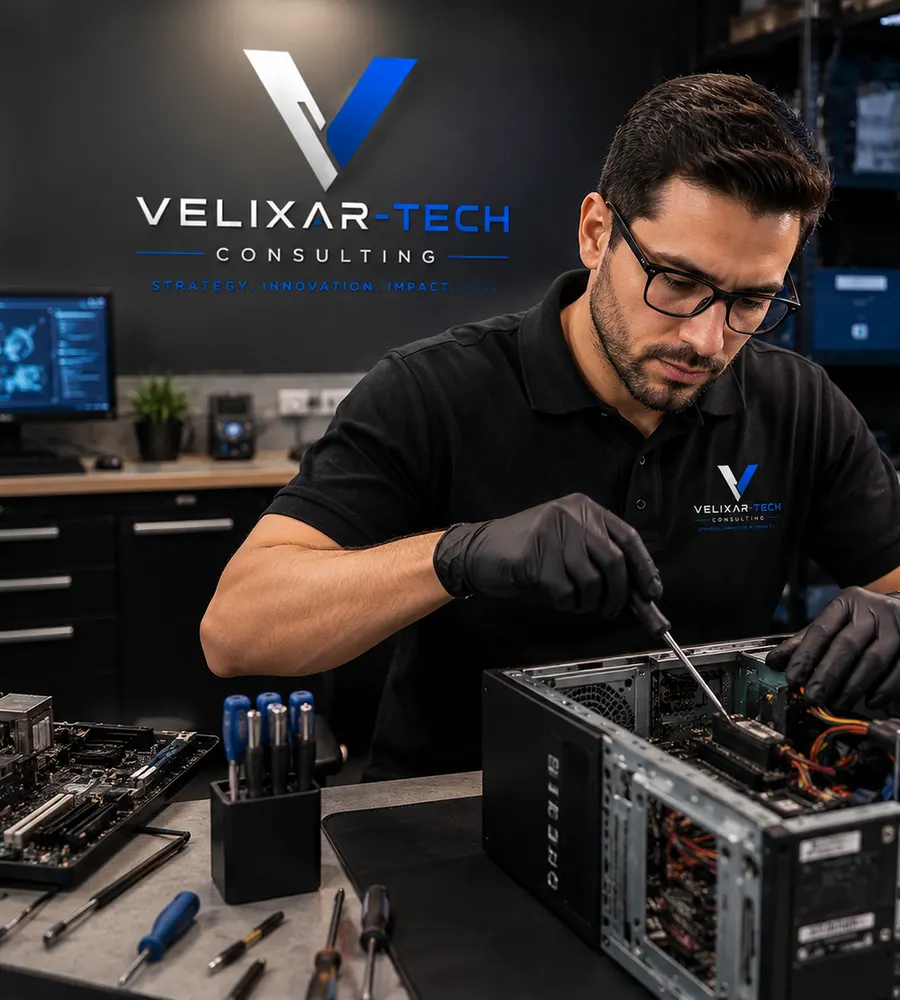 Technician repairing a desktop computer at a workbench